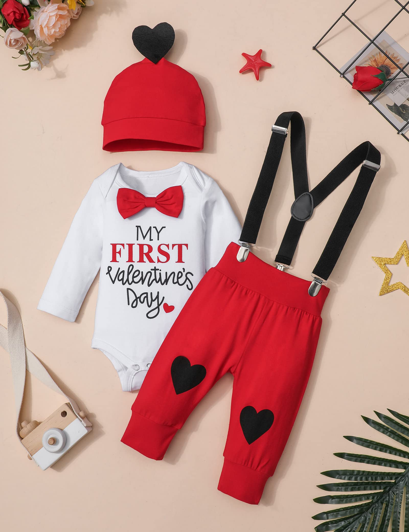 Baby Boy Valentines Day Outfit, Cute Letter Printed Long Sleeve Romper with Bow Tie + Pants + Hat 3Pcs Set