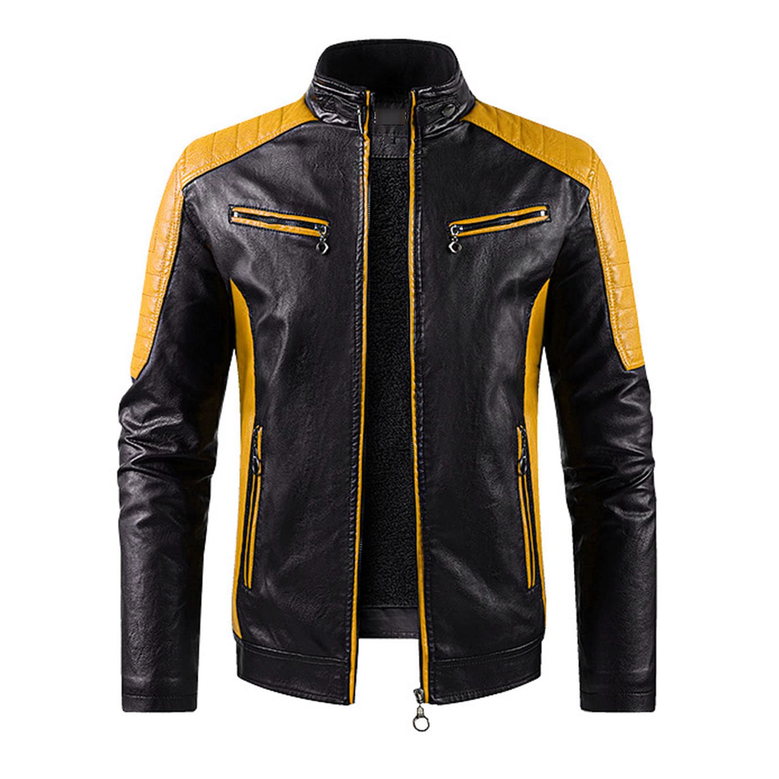 Maiyifu-GJ Mens Motorcycle Vintage PU Stand Collar Coat Fleece Lined Faux Leather Jacket Zip Up Slim Fit Biker Jacket Outwear (Yellow,Small)