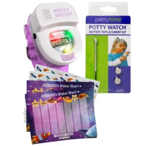 potty time:the original potty watch|water resistant,toilet training aid,warranty(30|60|90 min auto timers w/music & flashing lights for fun & gentle reminders)purple, space sticker chart & battery kit