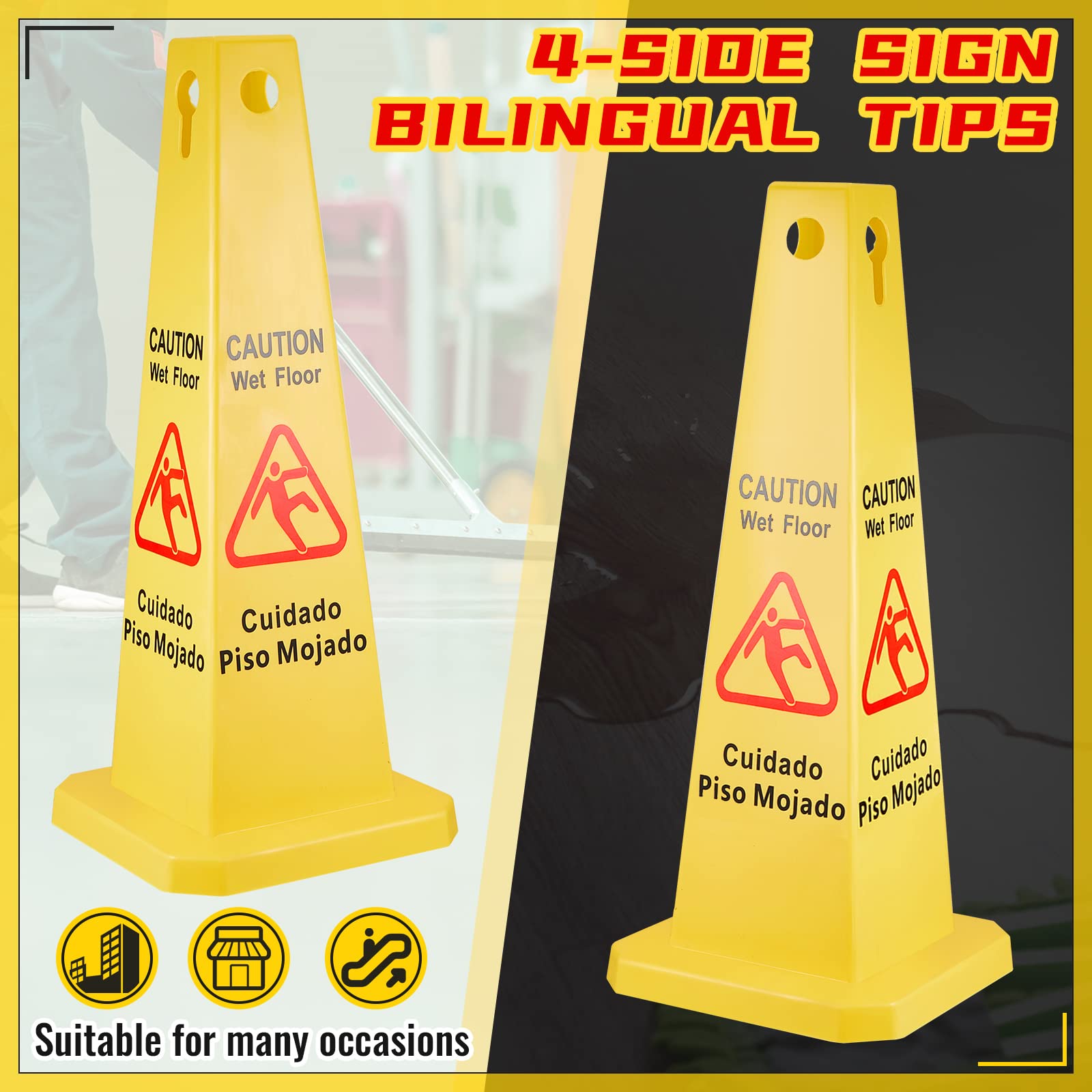 10 Pieces Floor Safety Cone Yellow Caution Wet Floor Sign 4 Sided Floor Wet Sign Public Caution Wet Floor Cone Yellow Avoid Fall Slip Accident for Indoors and Outdoors