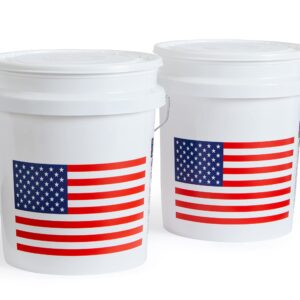 United Solutions 5 Gallon Bucket, Heavy Duty Plastic Bucket, Comfortable Handle, Perfect for on The Job, Home Improvement, or Household Cleaning, White with USA Flag, Pack of 2