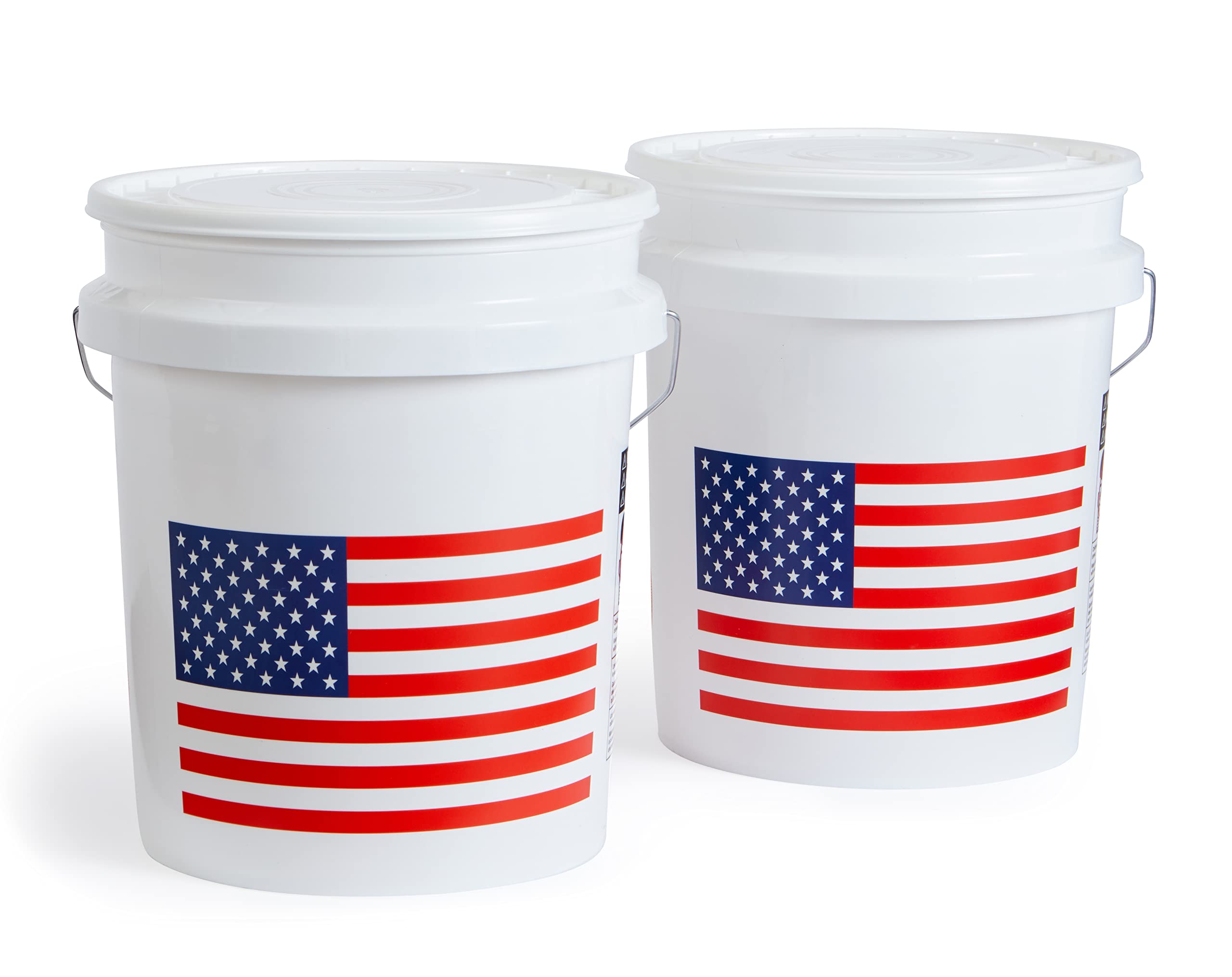 United Solutions 5 Gallon Bucket, Heavy Duty Plastic Bucket, Comfortable Handle, Perfect for on The Job, Home Improvement, or Household Cleaning, White with USA Flag, Pack of 2