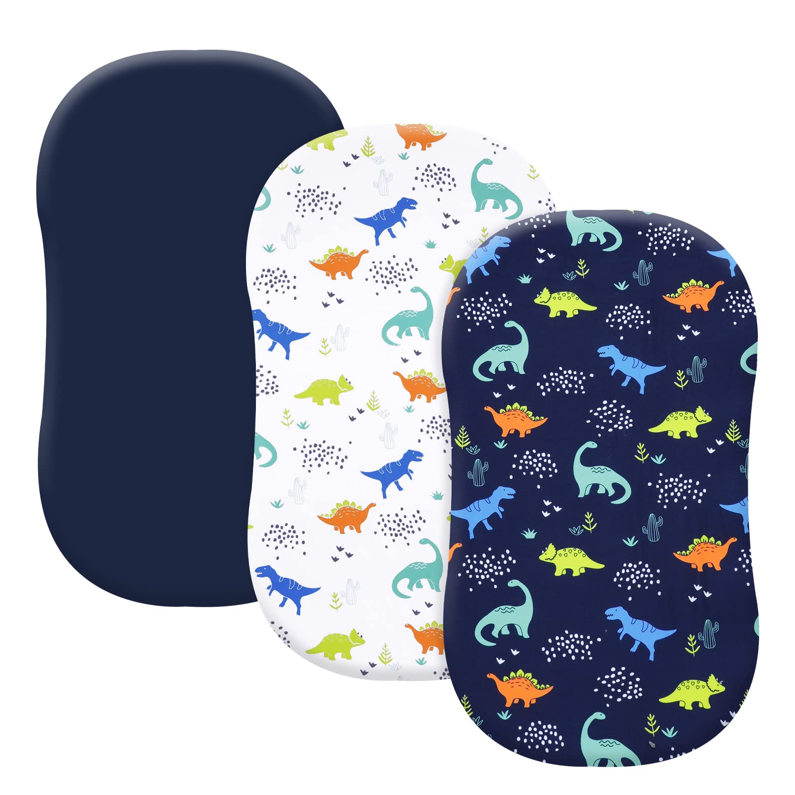 PHF 3 Pack Soft Bassinet Sheets, Dinosaur Comfy Polyester Cradle Sheets for Baby Boys Girls, Universal Fit for Most Cradle and Bassinet Mattress, Navy Dinosaur