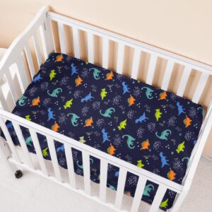 PHF 3 Pack Soft Mini Crib Sheets, Dinosaur Silky Pack N Play Sheets for Baby Boys Girls, Universal Fit for Pack N Play, Playard, Portable and Mini Crib Mattresses,Navy Dinosaur