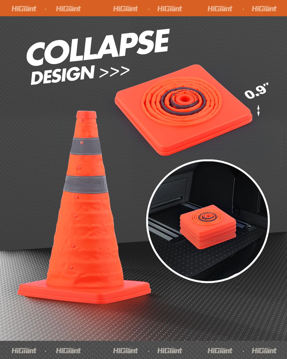 HiGiant [4 Pack] Collapsible Traffic Safety Cones 18'' inch, Orange Pop-up Cones with Reflective Collar, Caution Cones for Road Driving Practice and Parking Lot