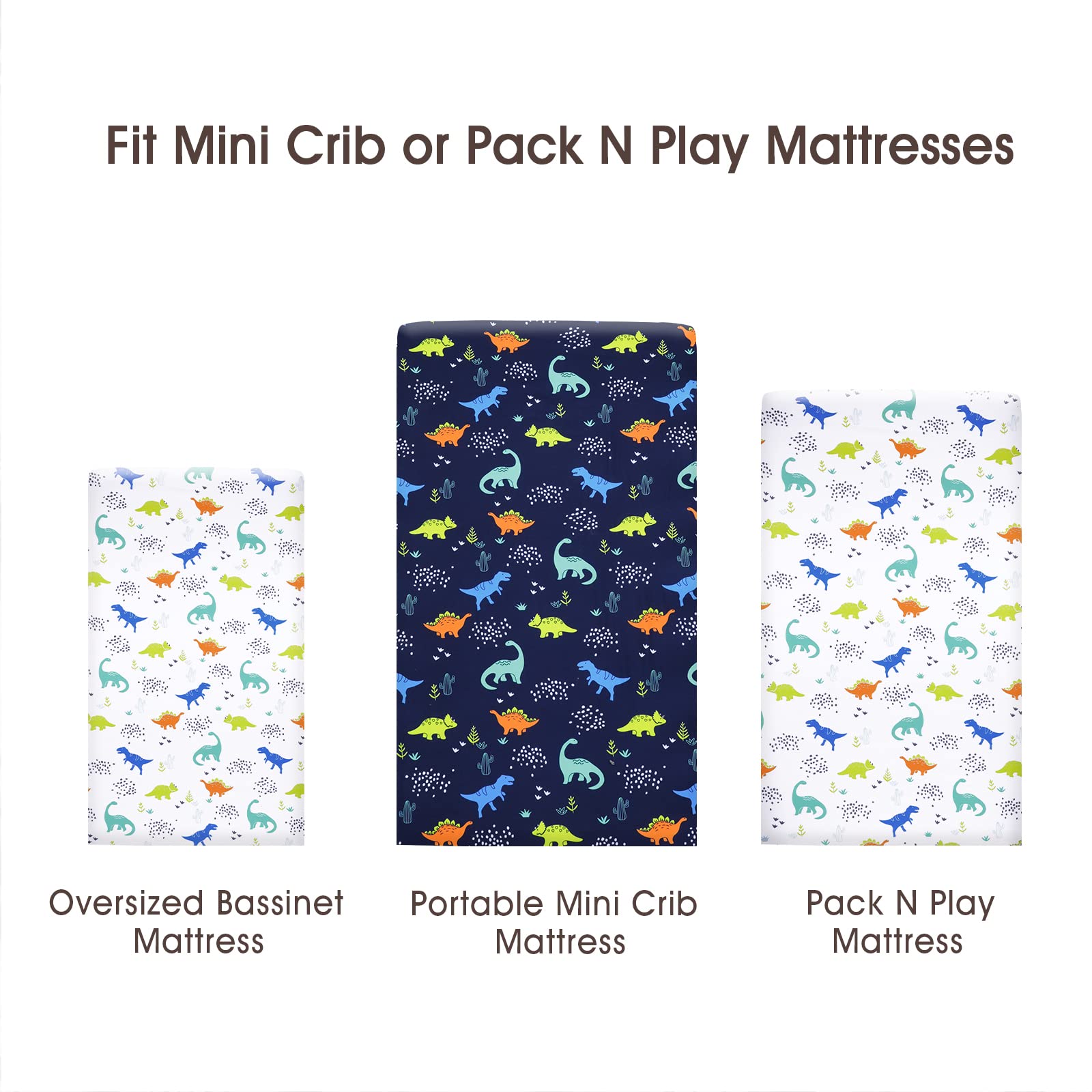 PHF 3 Pack Soft Mini Crib Sheets, Dinosaur Silky Pack N Play Sheets for Baby Boys Girls, Universal Fit for Pack N Play, Playard, Portable and Mini Crib Mattresses,Navy Dinosaur