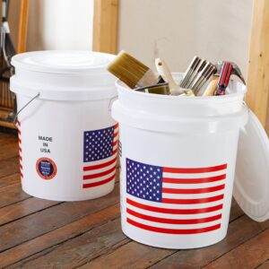 United Solutions 5 Gallon Bucket, Heavy Duty Plastic Bucket, Comfortable Handle, Perfect for on The Job, Home Improvement, or Household Cleaning, White with USA Flag, Pack of 2