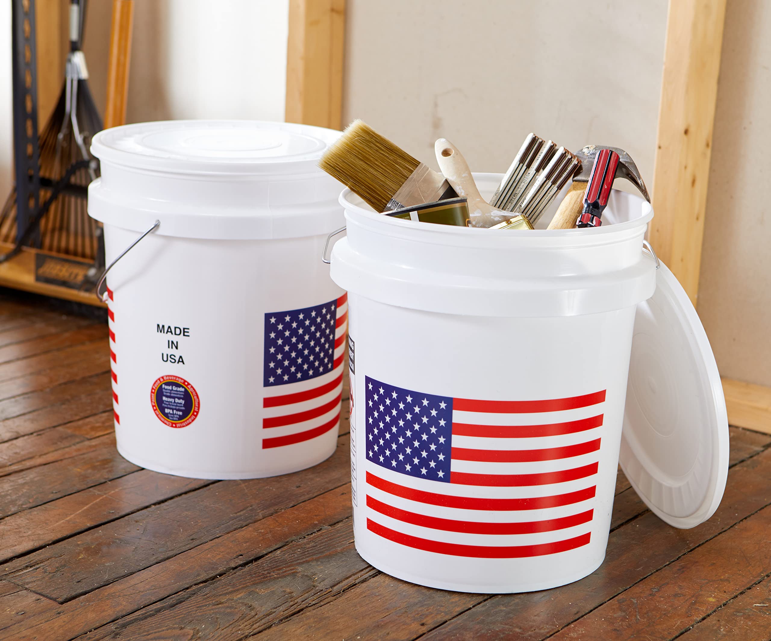 United Solutions 5 Gallon Bucket, Heavy Duty Plastic Bucket, Comfortable Handle, Perfect for on The Job, Home Improvement, or Household Cleaning, White with USA Flag, Pack of 2