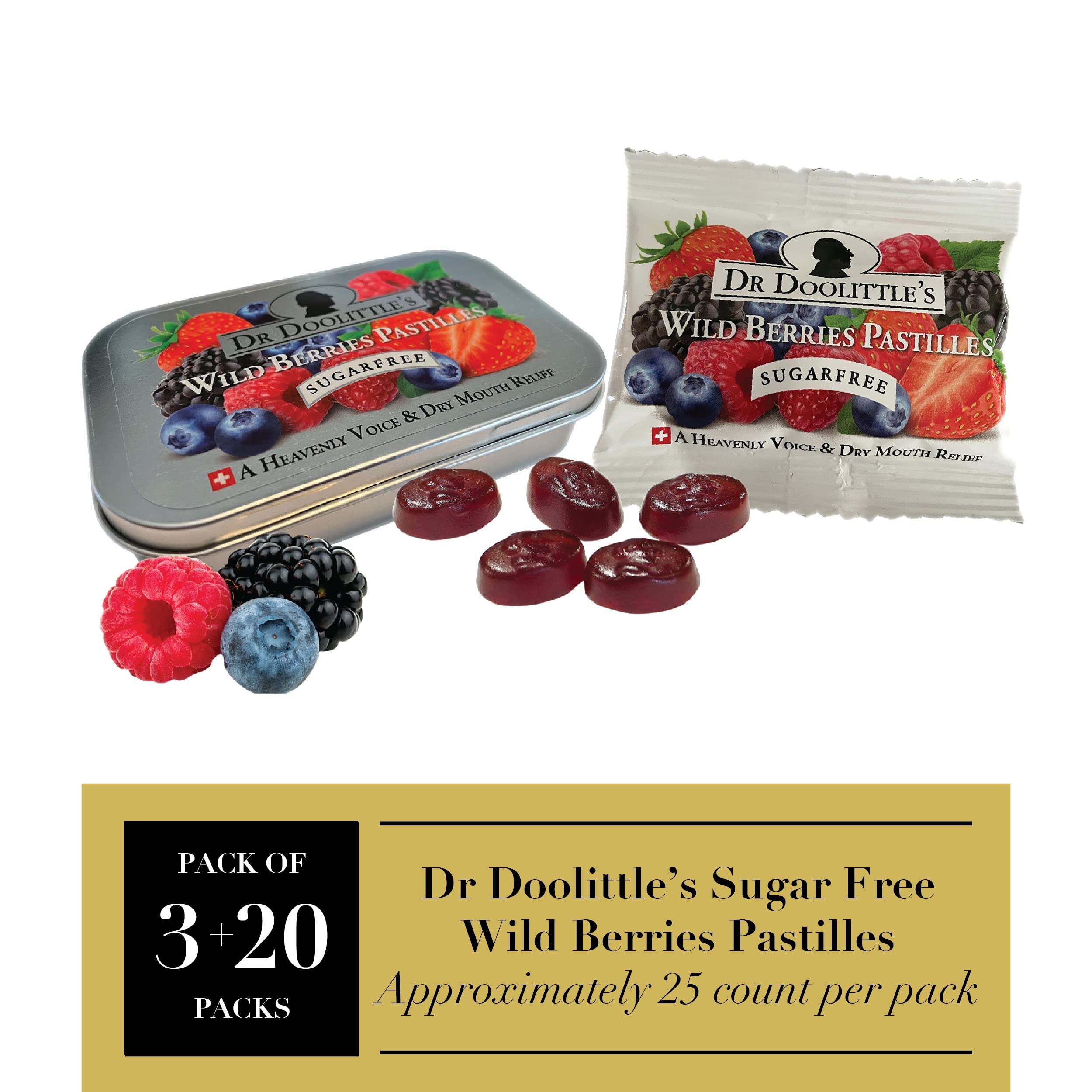 Dr. Doolittle’s Sugar Free Soft Fruit Pastilles for Voice and Throat, Wild Berries Flavor, Multipack of 2.12 Ounce Tin, 3 Pack and .33 Ounce Travel Size Bag, 20 Pack