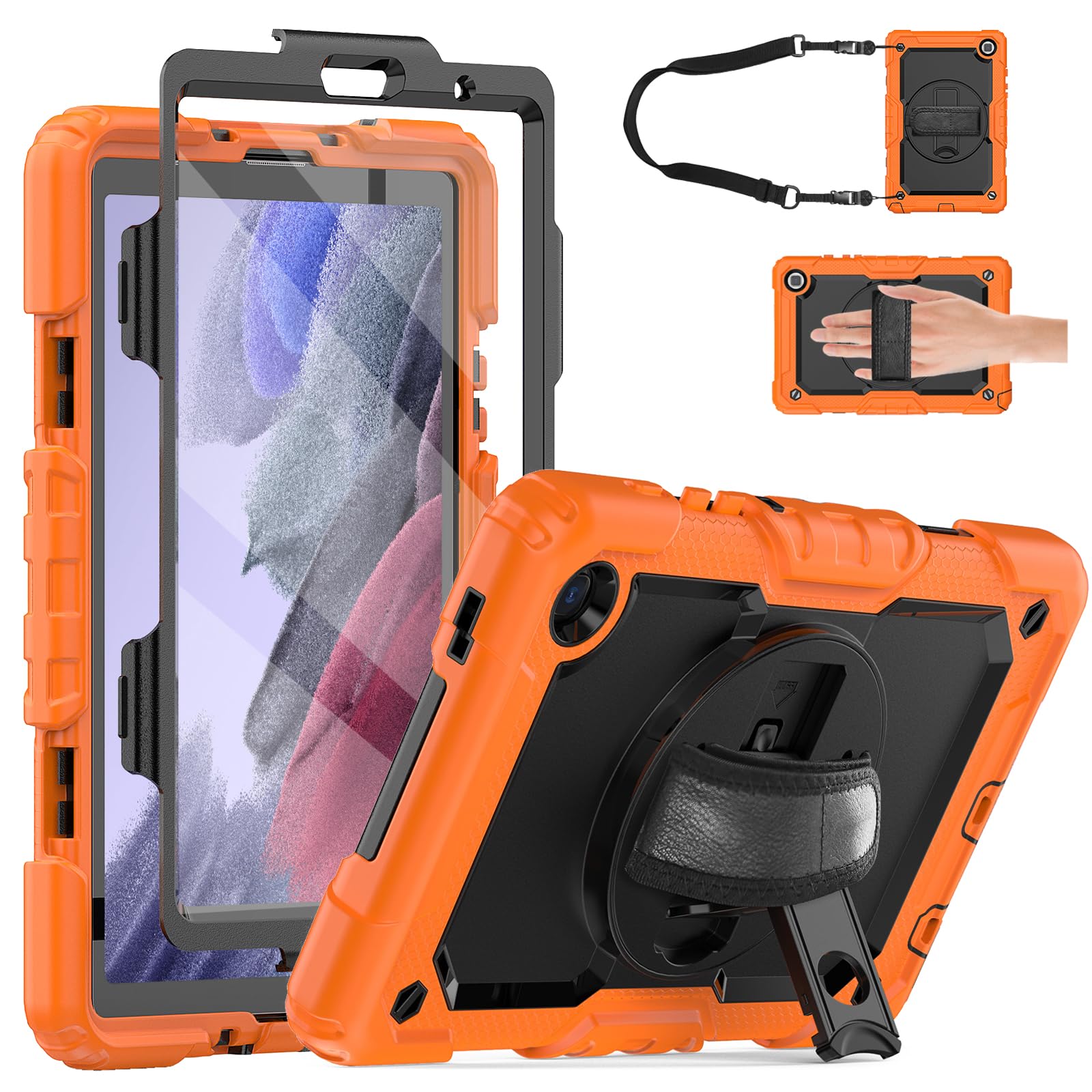 Whmeolyo Samsung Galaxy Tab A7 Lite Case 8.7 (2021),Shockproof Rugged Kids Case with Screen Protector/Pencil Holder/Kickstand [Hand & Shoulder Strap] for Galaxy Tab A7 Lite SM-T220/T225/T227,Orange