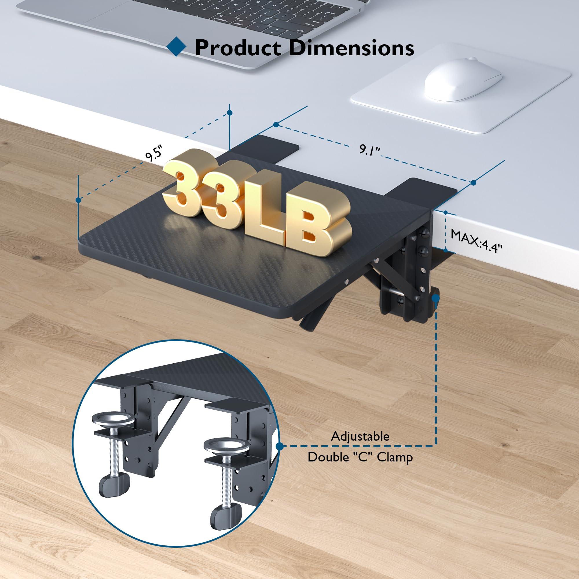 BONTEC Ergonomics Desk Extender Tray, 9.5"x9.1" Table Mount Arm Wrist Rest Shelf, 90° Foldable Elbow Arm Support, Clamp on Computer Arm Rest for Desk, Suitable for Office Desks