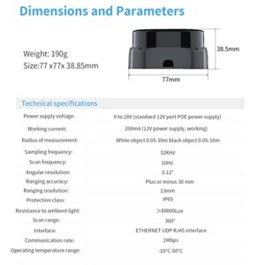 youyeetoo RPLIDAR S2E 360 Degree DTOF Lidar 30 Meters scan Radius 32K Sampling Rate, Support Ethernet UDP, IP65, Withstands 80K Lux Strong Light to Prevent Obstacles and Navigation of Robots AGV UAV