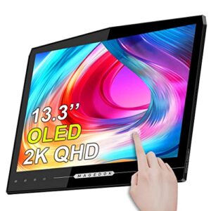 oled portable touchscreen monitor, 13.3" 2k 1ms portable gaming monitor 100% dci-p3 ultra-thin computer external display, external second screen usb c/hdmi monitor with smart cover