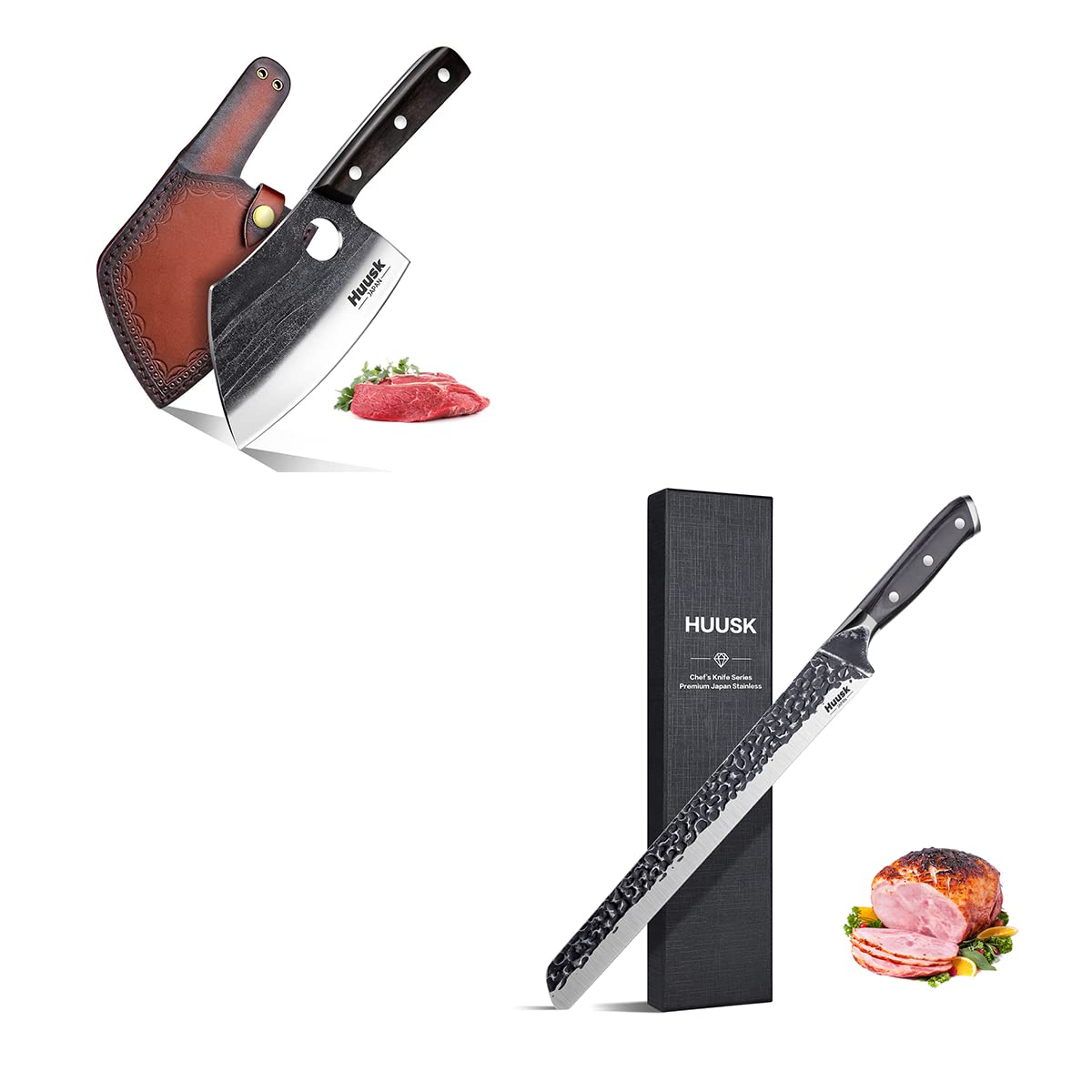 Huusk Serbian Chef Knives Bundle with Premium Slicing Knife Hand Forged Meat Cutting Knife for Slicing Meats Ribs Roasts Fruits BBQ Gift Idea