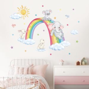 decalmile Rainbow Animal Wall Decals Elephant Koala Rabbit Clouds Wall Stickers Baby Nursery Kids Room Living Room Wall Decor