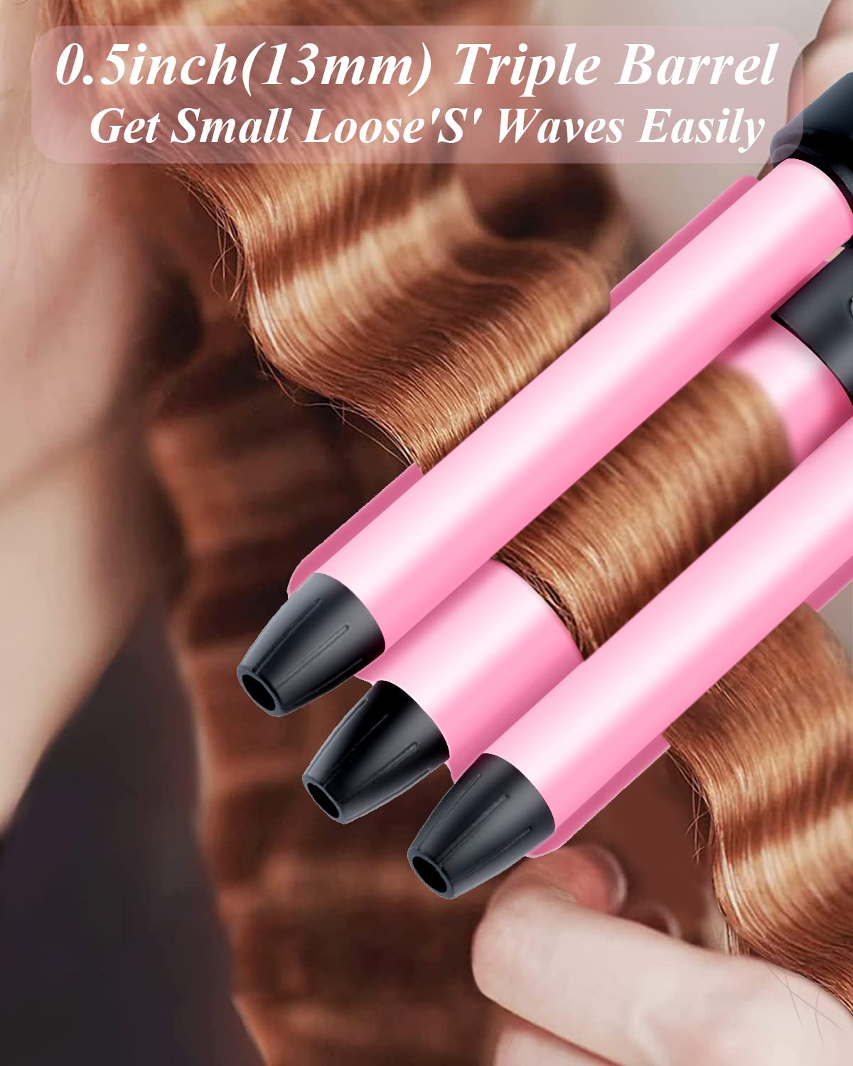 Mini Three Barrel Curling Iron, Small Curling Wand 1/2 Inch for Home and Travel, Ceramic Tourmaline Add Shine to Waves, Youuish Dual Voltage Hair Crimper, Pink