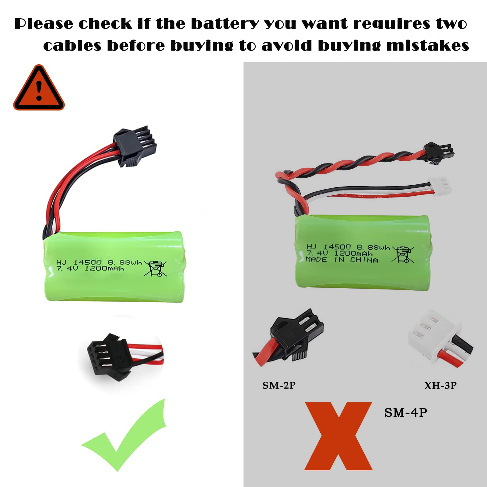 BTEDZSW Gel Blaster Battery 7.4V 1200mAh Li-ion Rechargerable Battery with SM-4P Plug and Charger Cable for Splatter Ball Gun