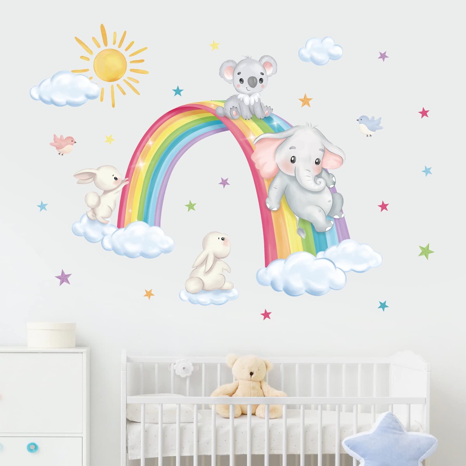 decalmile Rainbow Animal Wall Decals Elephant Koala Rabbit Clouds Wall Stickers Baby Nursery Kids Room Living Room Wall Decor