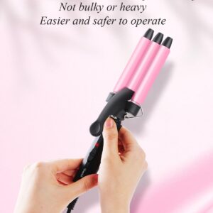 Mini Three Barrel Curling Iron, Small Curling Wand 1/2 Inch for Home and Travel, Ceramic Tourmaline Add Shine to Waves, Youuish Dual Voltage Hair Crimper, Pink