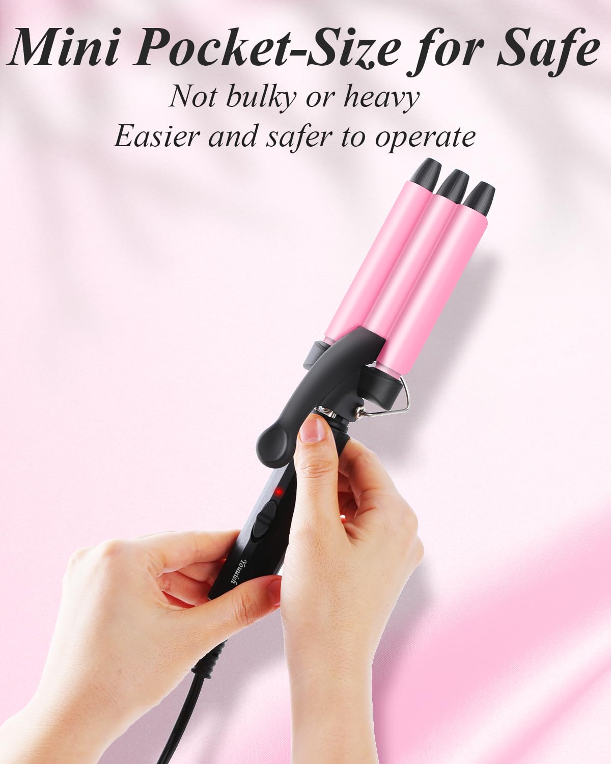 Mini Three Barrel Curling Iron, Small Curling Wand 1/2 Inch for Home and Travel, Ceramic Tourmaline Add Shine to Waves, Youuish Dual Voltage Hair Crimper, Pink