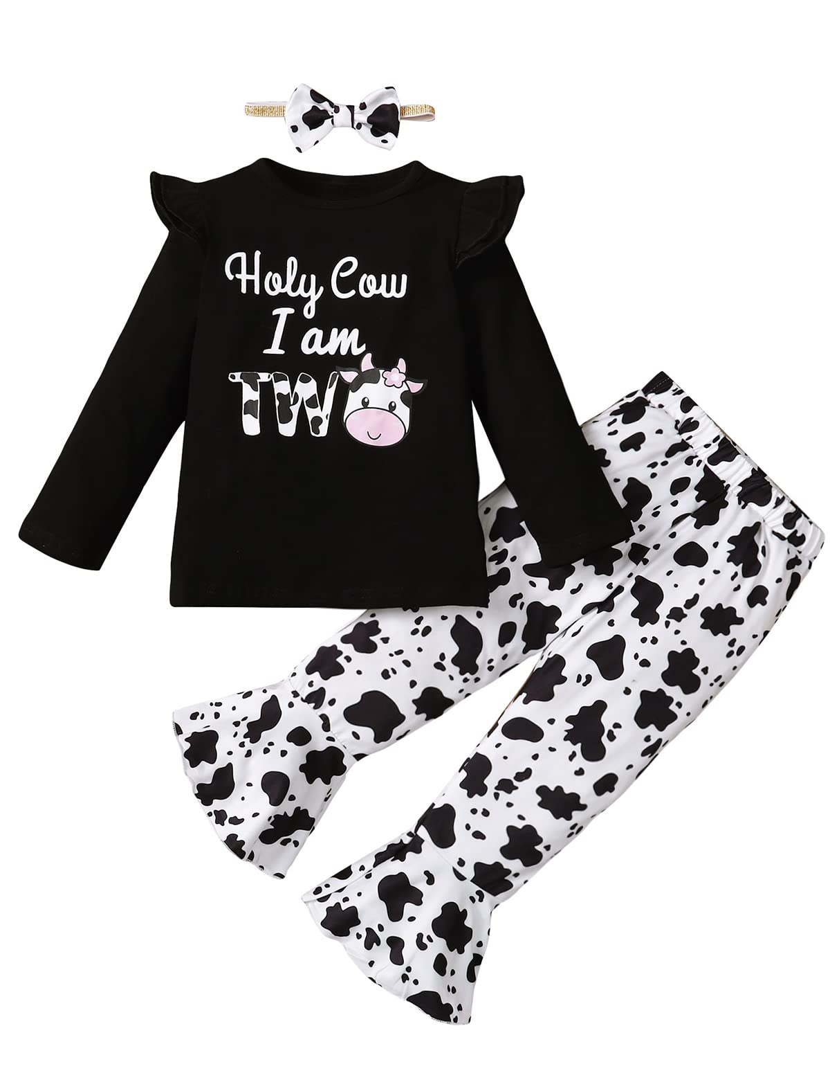 Slanavel Baby Girl Two Years Old Birthday Outfit Toddler 2nd Birthday Clothes Girl Holy Cow I'm Two Outfit Set (Black,2T)