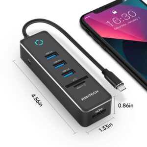 USB C Hub, RSHTECH USB C Dongle Adapter with 4K HDMI, 3 USB 3.0 Data Port, 100W Power Delivery, SD/TF Card Reader, Aluminum USB-C/Thunderbolt 3 Hub Dock for PC and Laptop, RSH-T16