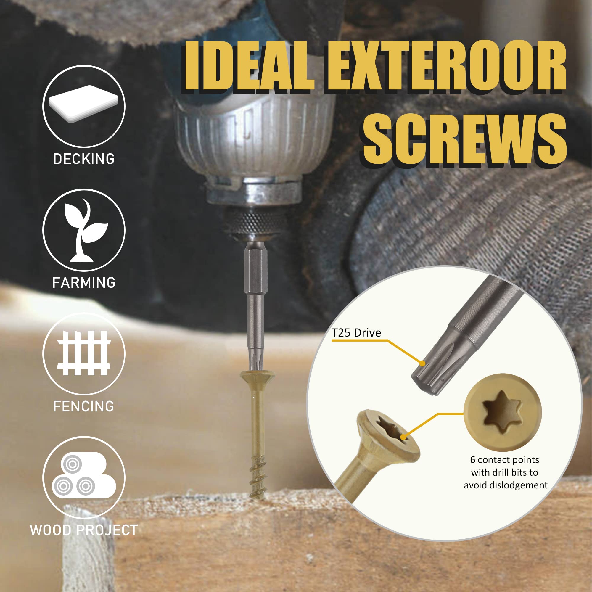 WELLOCKS Deck Screws 1-1/2", Wood Screws #8×1-1/2", Tan 204 PCS, Superior Rust Resistant, Epoxy Coated, Above 1000 Hour Salt Spray Coating T25 Torx Star Bit Included for Outdoor Wood Fence