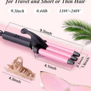 Mini Three Barrel Curling Iron, Small Curling Wand 1/2 Inch for Home and Travel, Ceramic Tourmaline Add Shine to Waves, Youuish Dual Voltage Hair Crimper, Pink