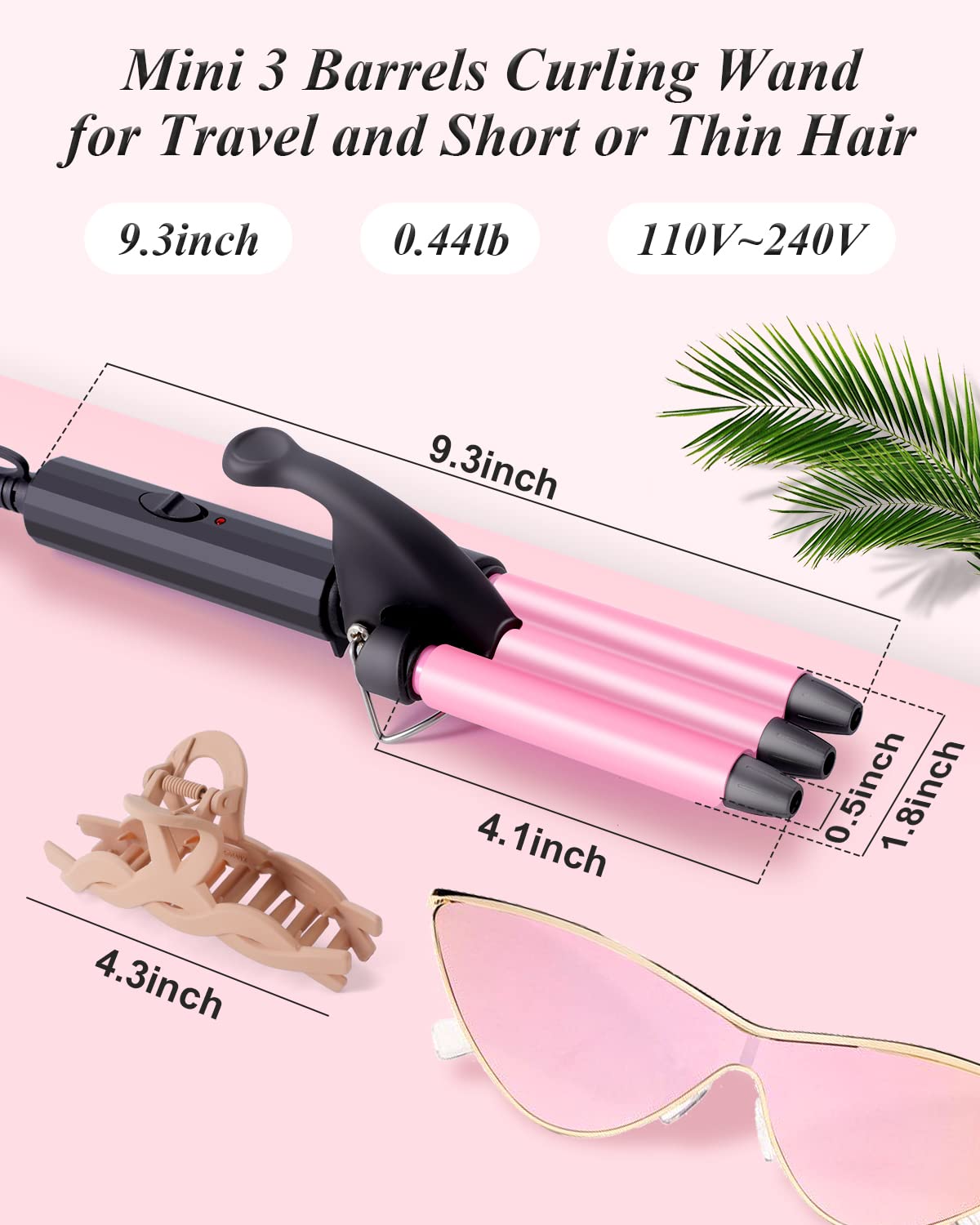 Mini Three Barrel Curling Iron, Small Curling Wand 1/2 Inch for Home and Travel, Ceramic Tourmaline Add Shine to Waves, Youuish Dual Voltage Hair Crimper, Pink