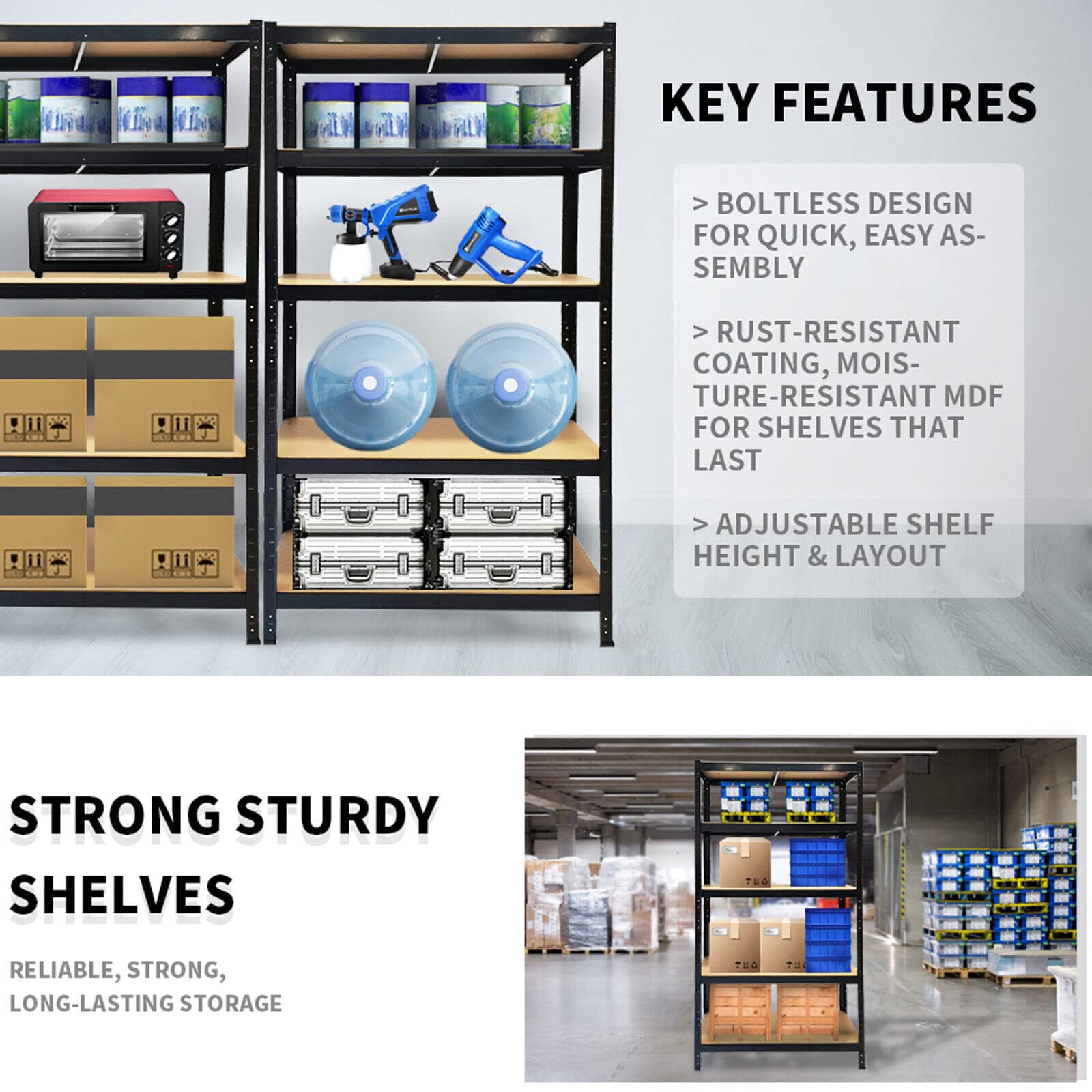 5 Tier Heavy Duty Storage Metal Shelve Garage Shelving Units with Durable MDF Board, Adjustable Steel Utility Shelf Storage Rack for Garage Kitchen Office, 1929lbs Load Capacity, 80H x 40W x 20D inch