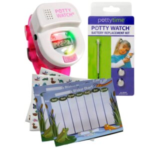 potty time:the original potty watch|water resistant,toilet training aid,warranty(30|60|90 min auto timers w/music & flashing lights for fun & gentle reminders) pink, pond sticker chart & battery kit