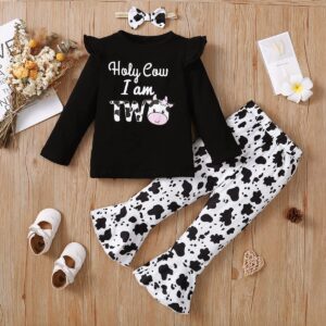 Slanavel Baby Girl Two Years Old Birthday Outfit Toddler 2nd Birthday Clothes Girl Holy Cow I'm Two Outfit Set (Black,2T)