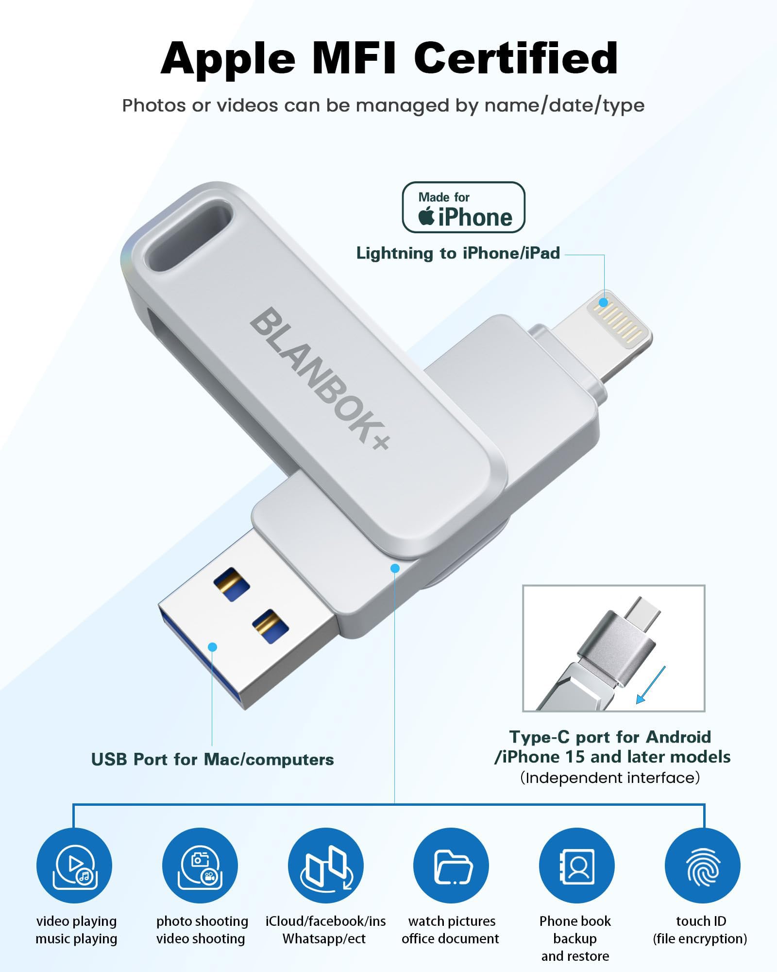 MFi Certified 128GB Photo Stick for iPhone Flash Drive,USB Memory Stick Thumb Drives High Speed USB Stick External Storage Compatible for iPhone/iPad/Android/PC