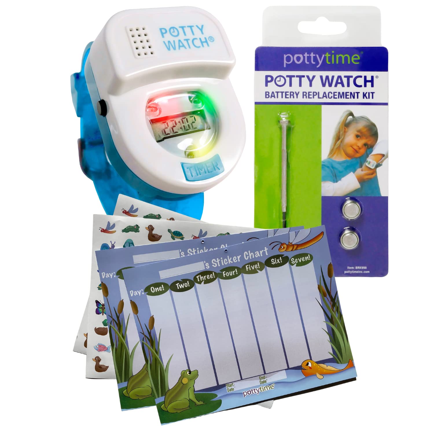 Potty Time:The Original Potty Watch|Water Resistant,Toilet Training Aid,Warranty(30|60|90 Min Auto Timers w/Music & Flashing Lights for Fun & Gentle Reminders) Blue, Pond Sticker Chart & Battery Kit