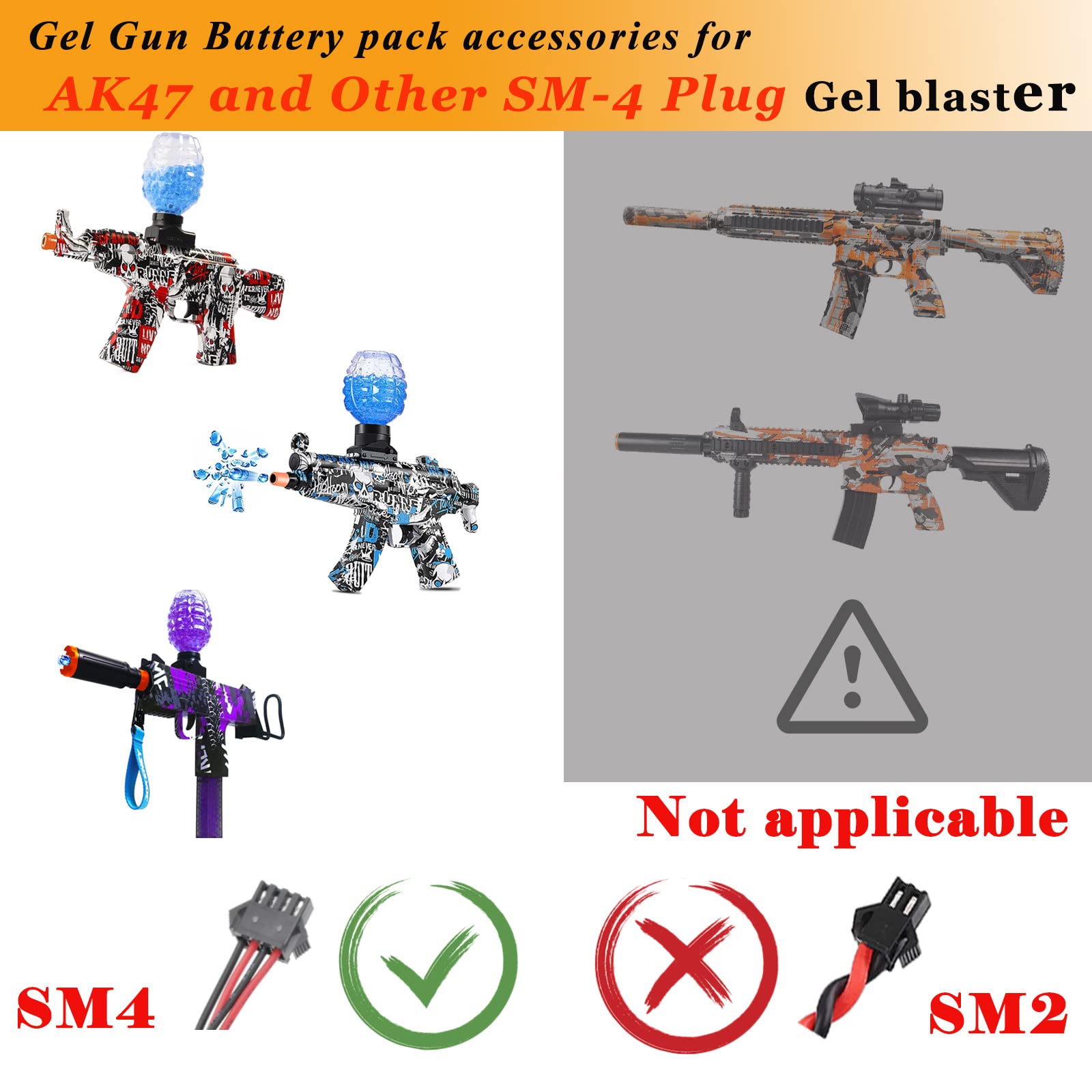 BTEDZSW Gel Blaster Battery 7.4V 1200mAh Li-ion Rechargerable Battery with SM-4P Plug and Charger Cable for Splatter Ball Gun