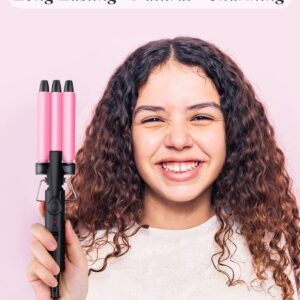 Mini Three Barrel Curling Iron, Small Curling Wand 1/2 Inch for Home and Travel, Ceramic Tourmaline Add Shine to Waves, Youuish Dual Voltage Hair Crimper, Pink