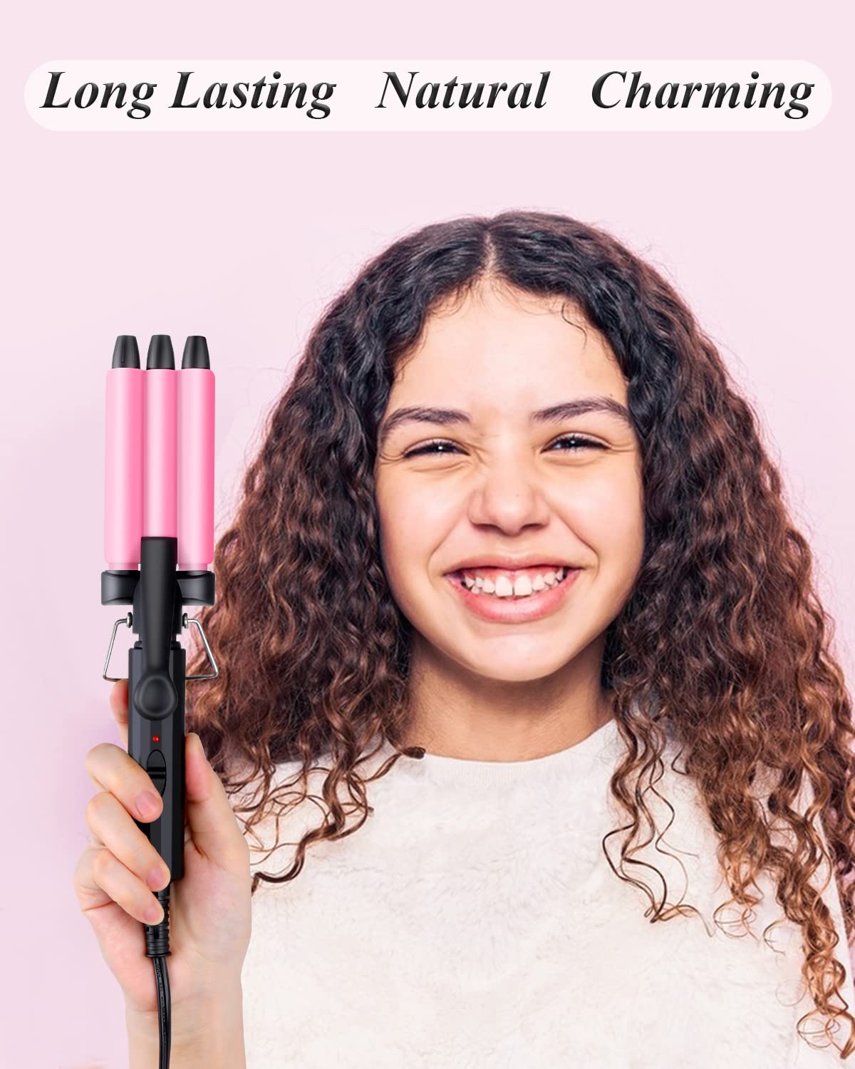 Mini Three Barrel Curling Iron, Small Curling Wand 1/2 Inch for Home and Travel, Ceramic Tourmaline Add Shine to Waves, Youuish Dual Voltage Hair Crimper, Pink