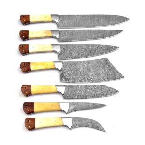 Professional Handmade Damascus Kitchen Chef Knife Set with Bone handle and Damascus Steel Blade, Kitchen Knife set with Leather Roll Bag (1064)