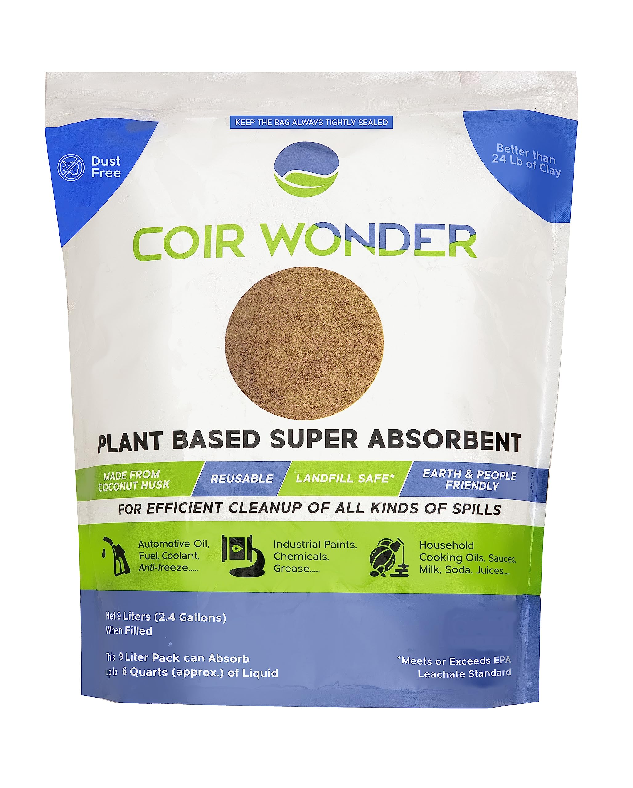 Coir Wonder 3-in-1 Oil Absorbent, Paint Hardener & Sweeping Compound – 9 Liter (9.5 Quart) – for Oil, Biohazard, Spill Kit – Granular Powder – Solidifies 20 Cups Fry Cooking Oil Without Heat