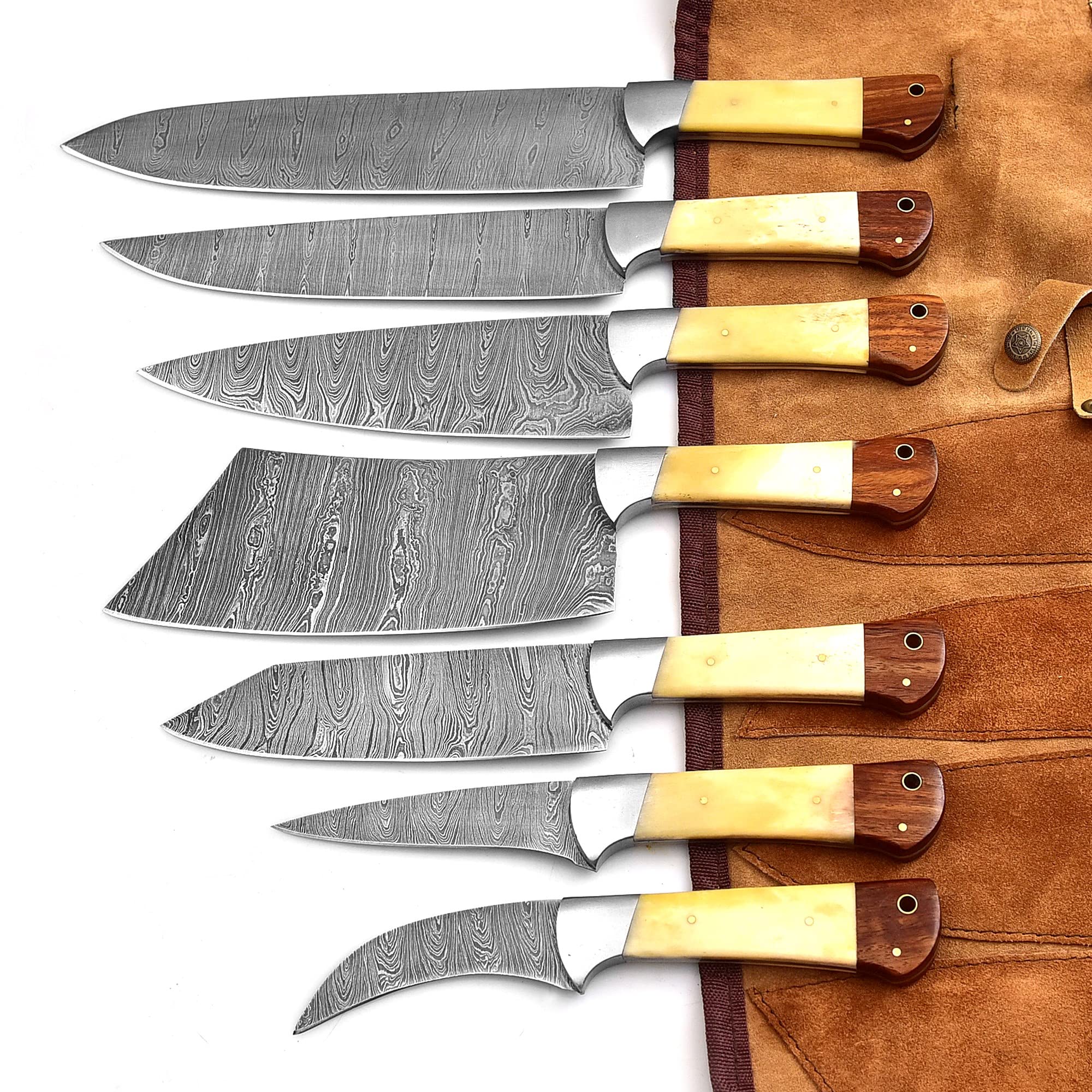 Professional Handmade Damascus Kitchen Chef Knife Set with Bone handle and Damascus Steel Blade, Kitchen Knife set with Leather Roll Bag (1064)