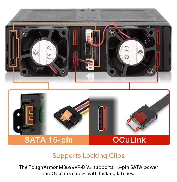 ICY DOCK ToughArmor MB699VP-B V3-4X U.2 NVMe PCIe 4.0 SSD to SFF-8612 OCuLink (According to SFF-9402 Rev 1.1) Removable Frame Metal Black (Compatible with Tri-Mode Cards)