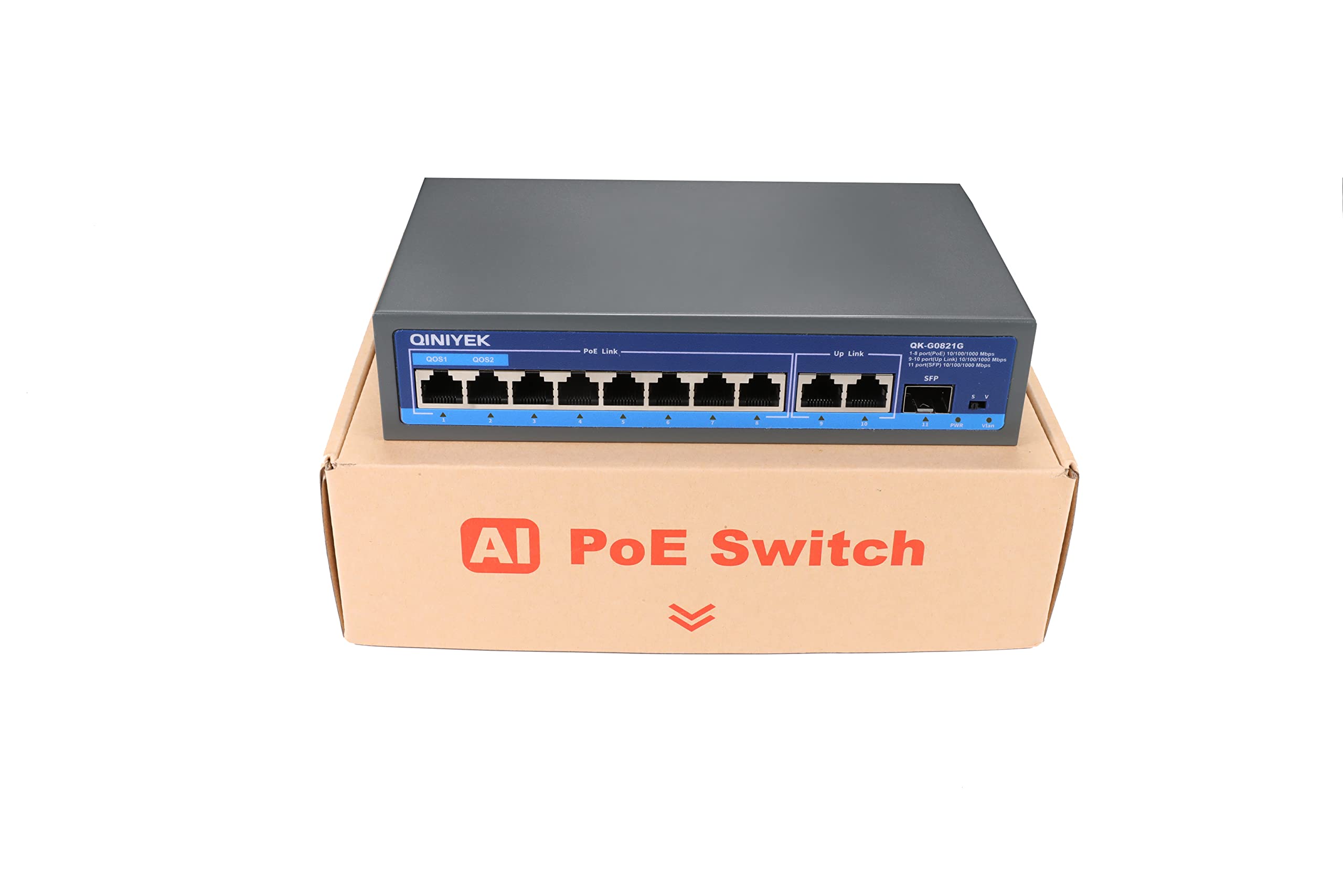 8 Port Ethernet Unmanaged POE+ Switch, 2 Uplink Gigabit Ports, 1*1.25G SFP Port , 120W 802.3af/at ,Unmanaged Plug and Play, Desktop or Wall-Mounted Smart Ethernet Switch