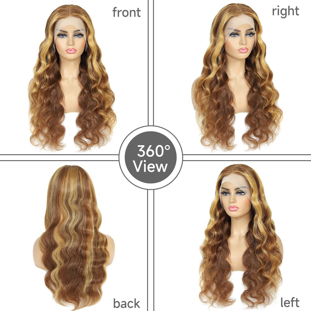 KeaBalo Highlight Ombre Lace Front Wigs Human Hair Pre Plucked with Baby Hair 13x4 Body Wave Frontal Wigs Human Hair 180% Density 4/27 Colored Honey Blonde Lace Front Wig for Women 22 Inch