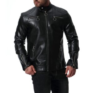 Maiyifu-GJ Men's Casual Faux Leather Jacket Stand Collar Retro Motorcycle Jacket Long Sleeve Zip Up Coat with Zipper Pockets (Black,Large)