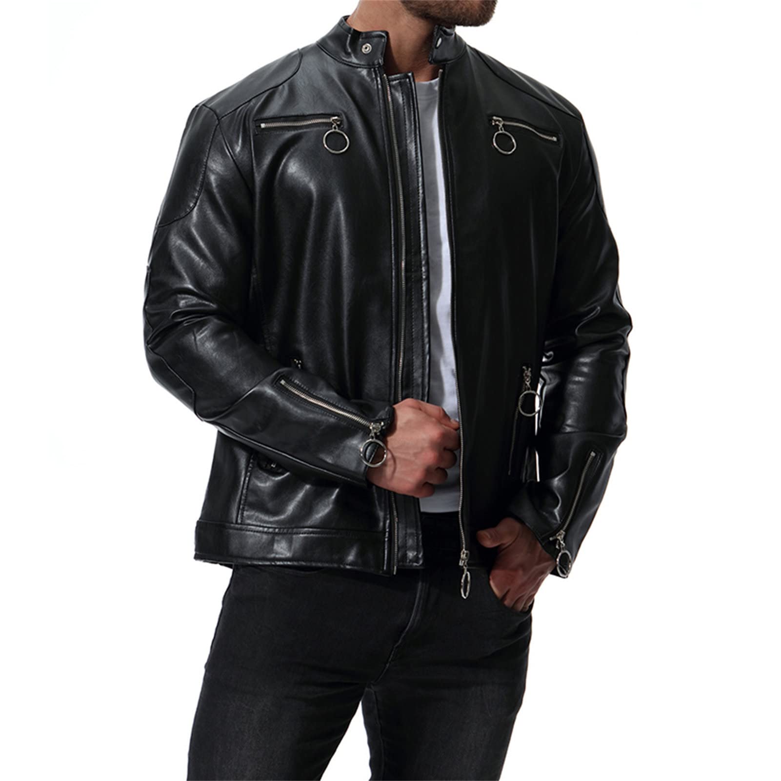 Maiyifu-GJ Men's Casual Faux Leather Jacket Stand Collar Retro Motorcycle Jacket Long Sleeve Zip Up Coat with Zipper Pockets (Black,Large)