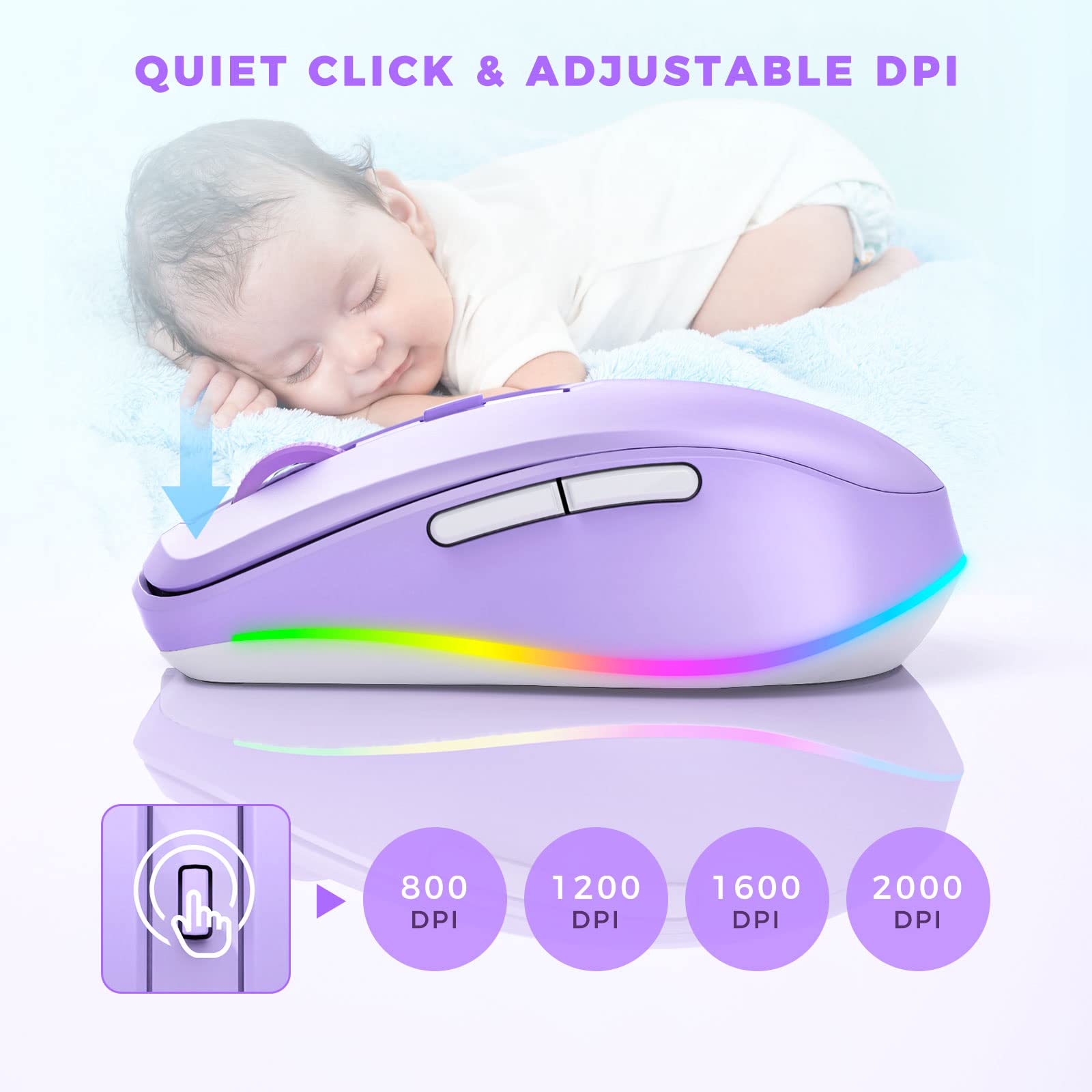 Wireless Mouse Jiggler - LED Wireless Mice with Build-in Mouse Mover, Rechargeable Moving Mouse for Laptop with Undetectable Random Movement Keeps Computers Awake - Purple