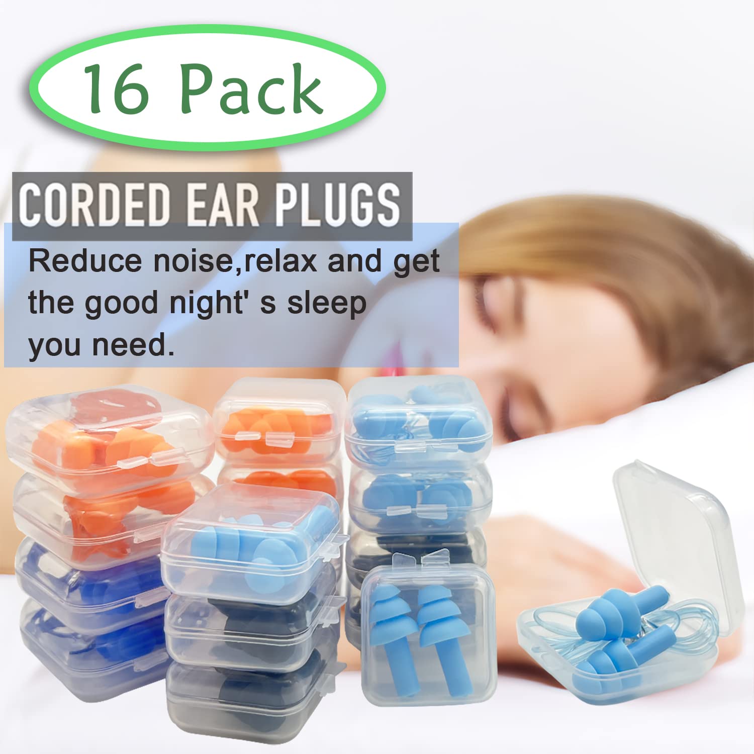 Silicone Ear Plugs for Sleeping,16 Pairs Soft Waterproof Noise Canceling Reduction Earplugs Waterproof Reusable Sound Blocking Earplugs for Concert,Swimming,Study,Loud Noise,Snoring (Dark)