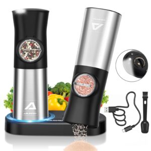 ablegrid gravity electric salt and pepper grinder set,rechargeable automatic salt & pepper mill grinders refillable,coarseness adjustable,stainless steel,with usb-c charging base,led light,dust cap