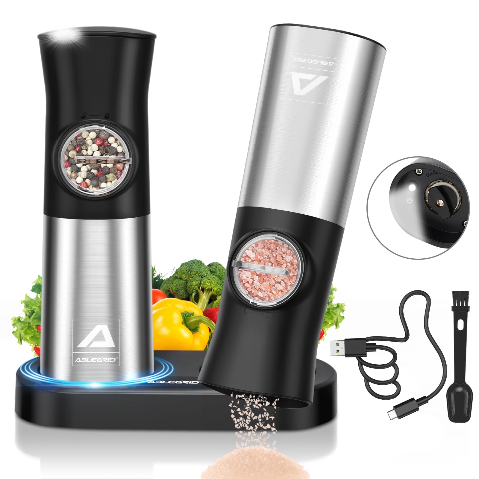 ABLEGRID Gravity Electric Salt and Pepper Grinder Set,Rechargeable Automatic Salt & Pepper Mill Grinders Refillable,Coarseness Adjustable,Stainless Steel,with USB-C Charging Base,LED Light,Dust Cap