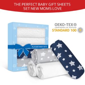 Pack and Play Sheets & Waterproof Terry Pack N Play Mattress Protector Pad Cover 4 Pack, Viscose Made from Bamboo Pack N Play Sheets Set, Grey & Navy